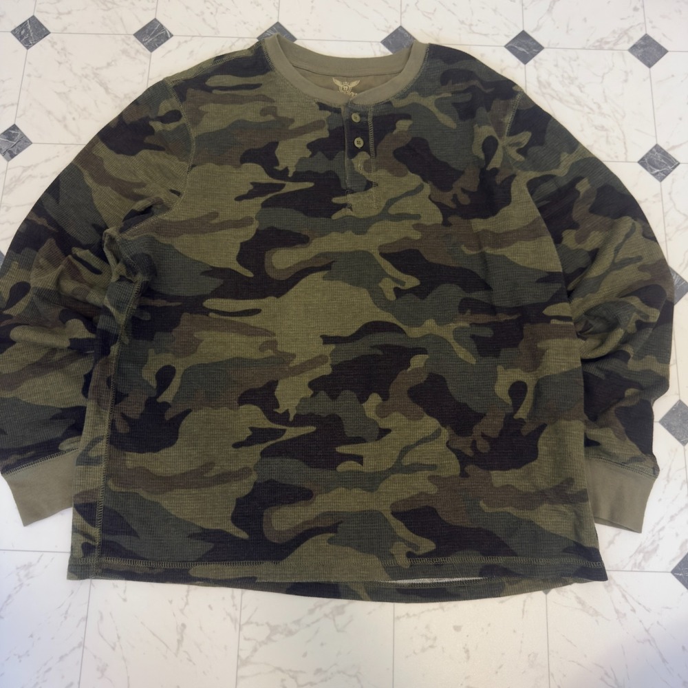 Faded Glory Camo Henley Shirt Olive Black XL Button Casual